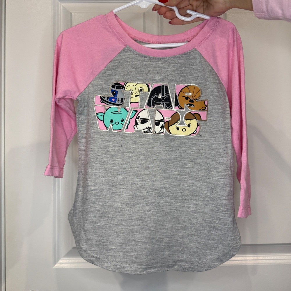 Star Wars Girls Raglan Graphic Tee Pink Gray Chibi Characters Size XS 4/5